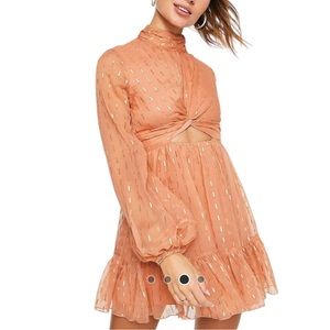 Mini skater dress with twist front chiffon nude and gold
